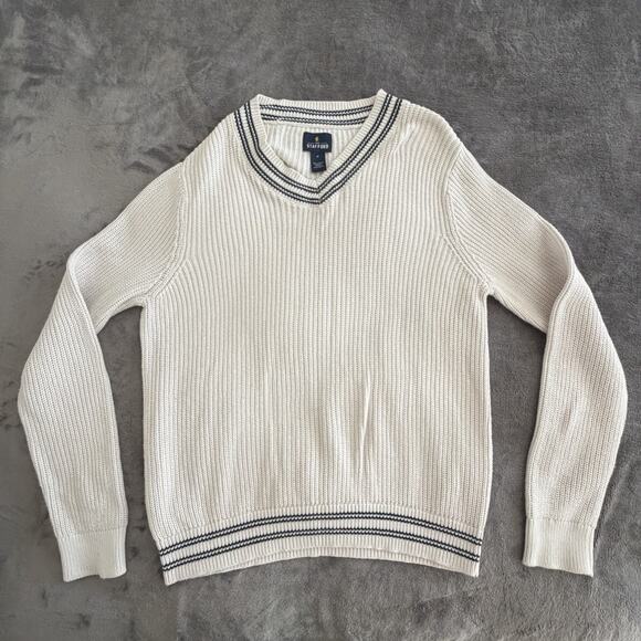Stafford Other - Stafford White Chunky-Knit Cotton Pullover Sweater V-Neck Striped Trim Men's M